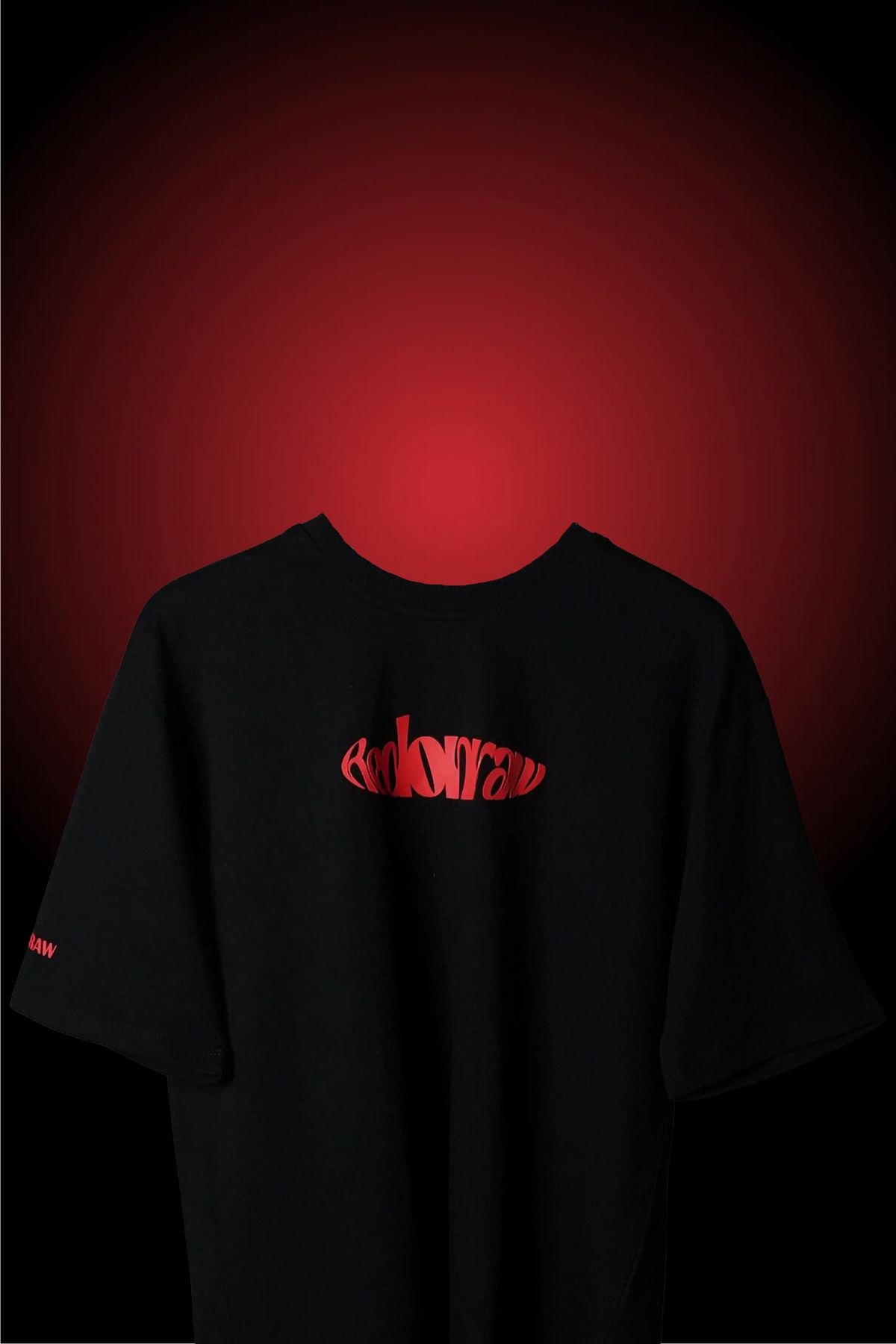 Black crewneck T-shirt with small red logo graphic on the upper back.