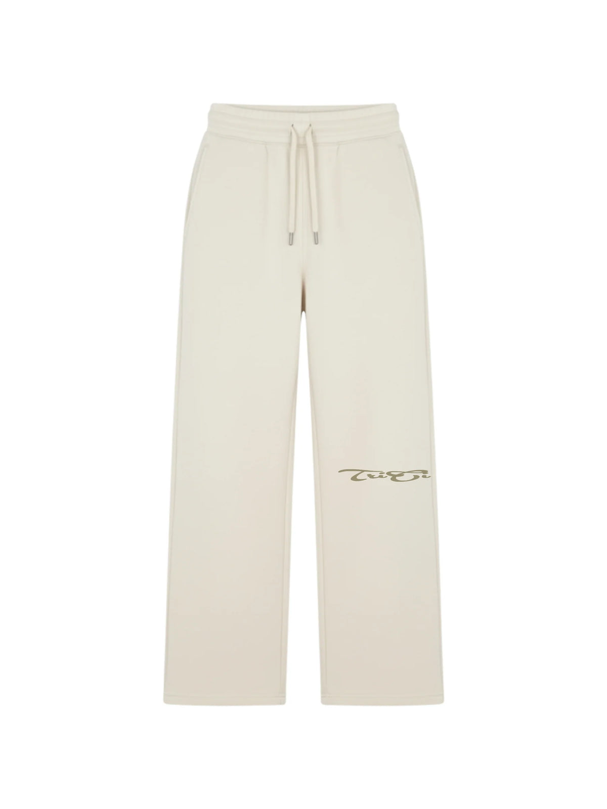 Off-white sweatpants with elastic waist, drawstring, and small leg logo