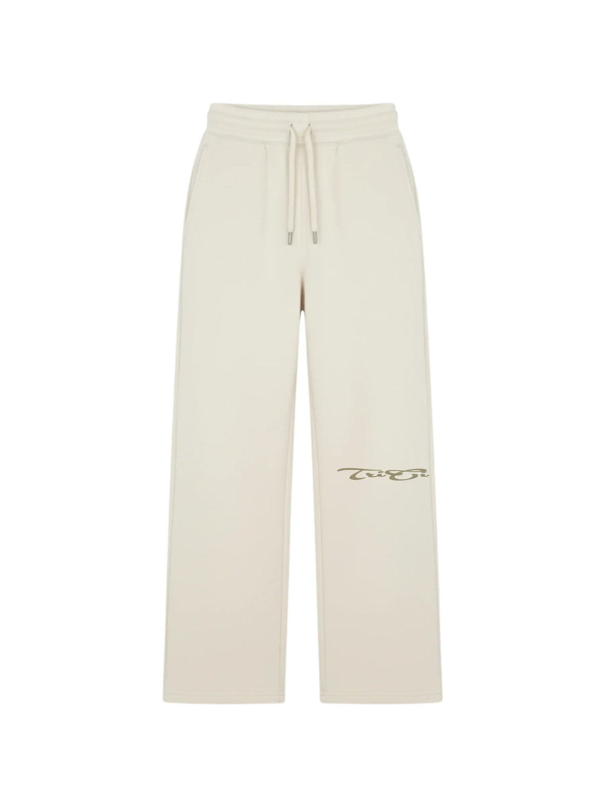 Cream drawstring sweatpants with script logo on leg