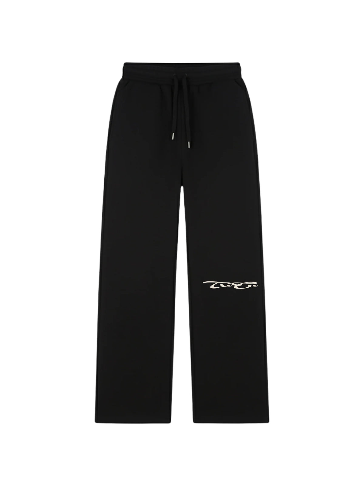 Black basic sweatpants with drawstring waistband and small logo on the leg