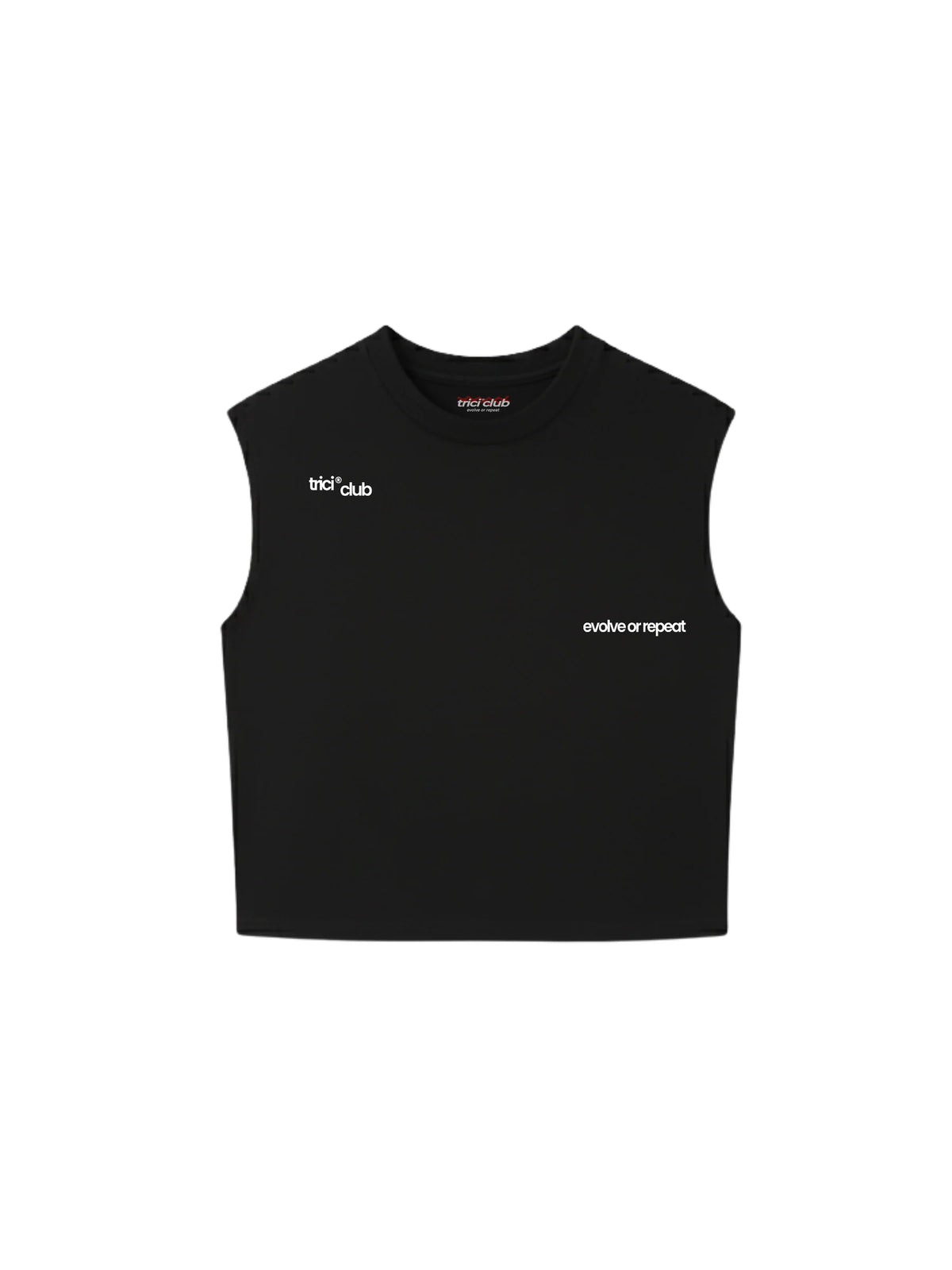 Black sleeveless crew-neck vest with small front logo text