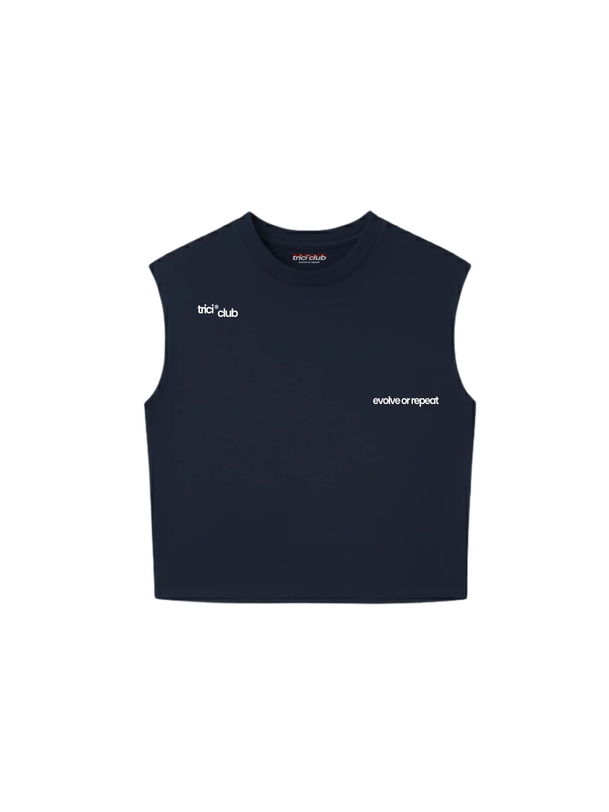 Basic blue sleeveless vest with crew neck, front logo prints, straight hem