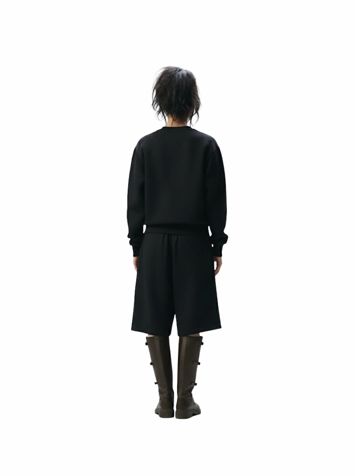 Black sweatshirt back view with crew neck and vertical white zipper accent