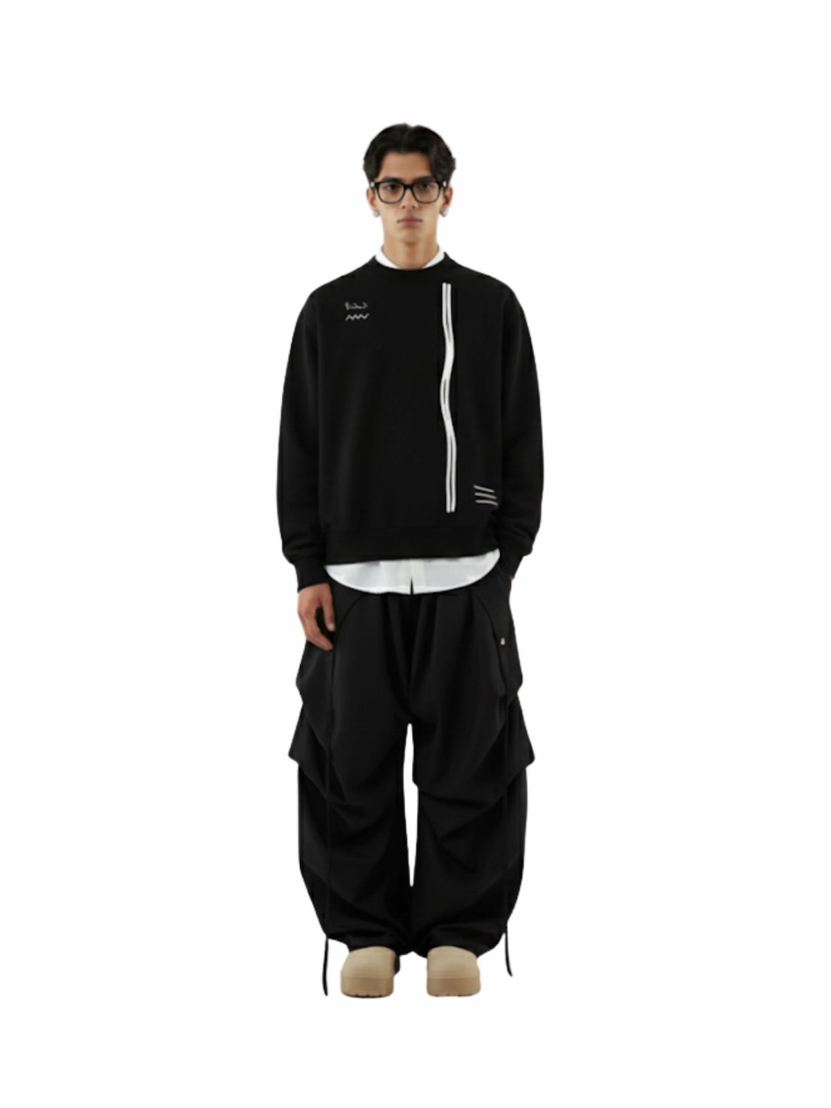 Black sweatshirt with vertical white zipper, small chest logo, white hem band