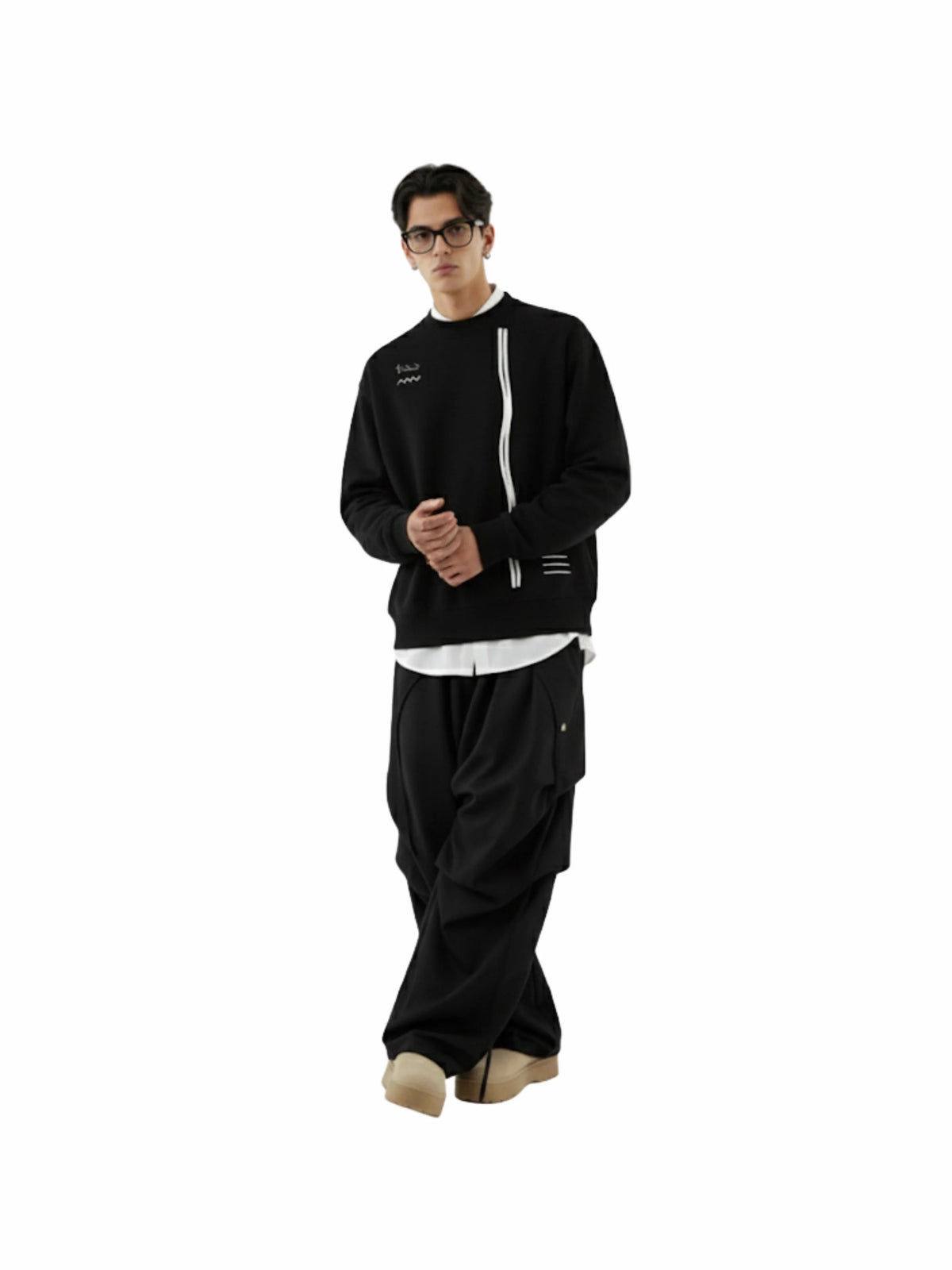 Black sweatshirt with vertical white zipper panel, ribbed cuffs, small chest logo