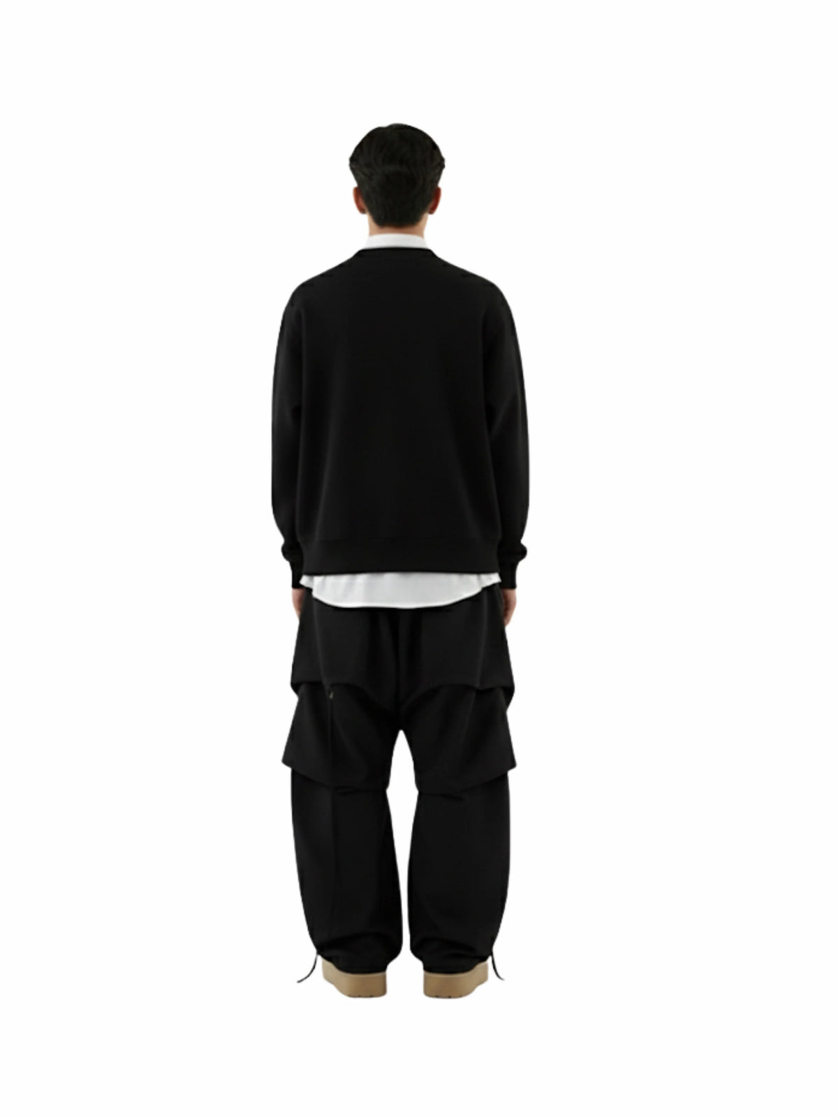Black sweatshirt back view with white hem band and ribbed cuffs