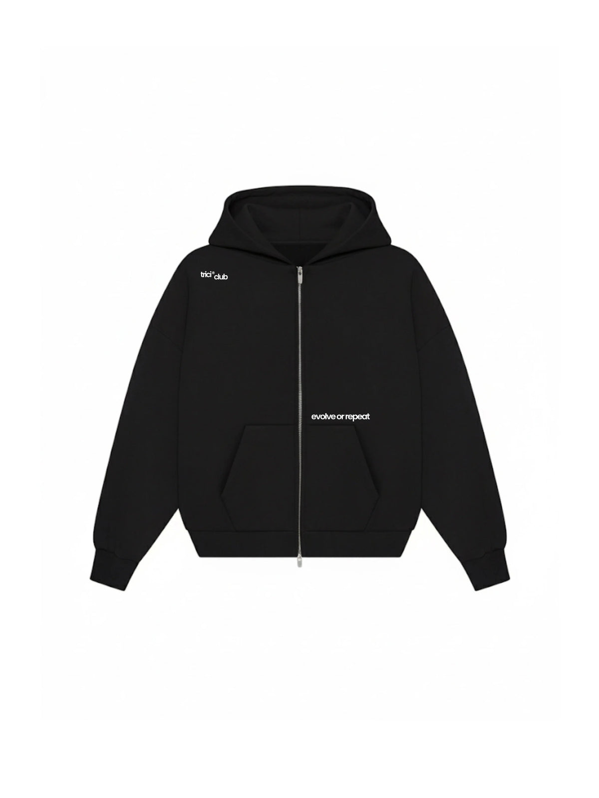 Black zip-up hoodie jacket with hood and front pouch pockets