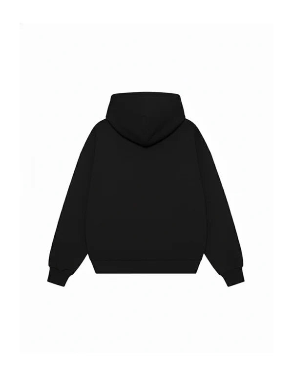 Black hooded sweatshirt with front pouch pocket, pullover style