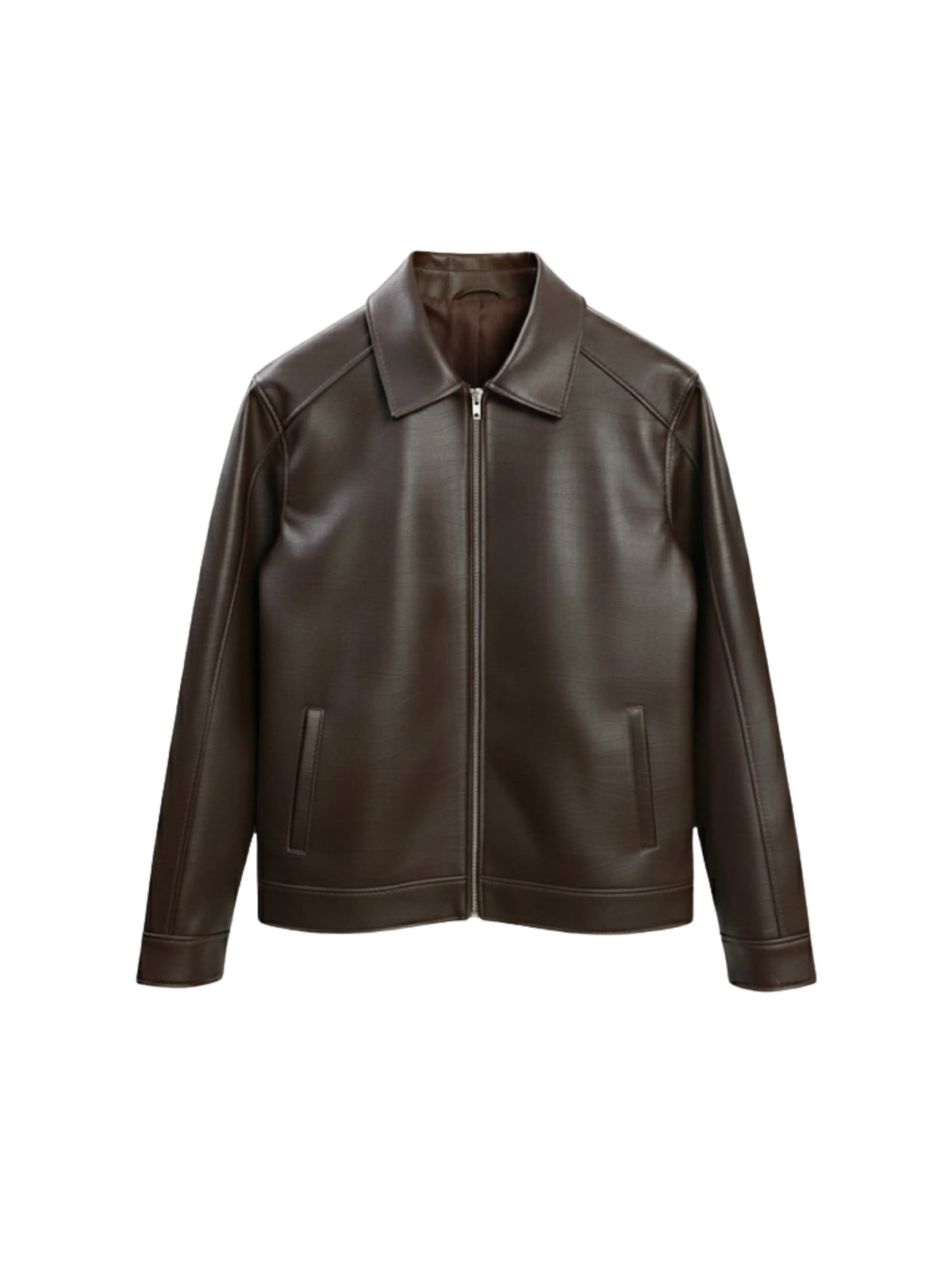 Walnut brown leather jacket, front view with zip and flap pockets