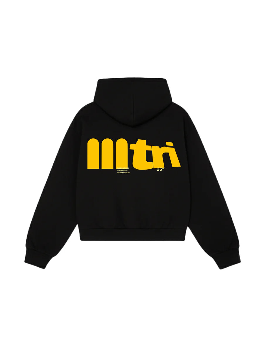 Black hoodie with hood and large yellow front logo text
