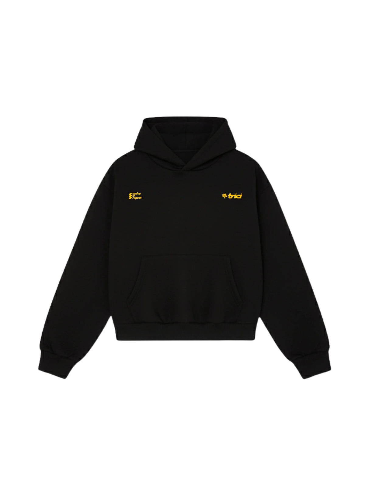 Black hoodie with hood, front pouch pocket, and small yellow chest graphics