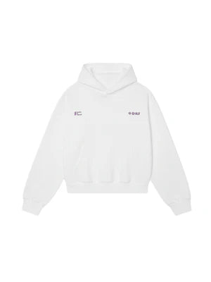White hoodie with front hood and small chest logo print