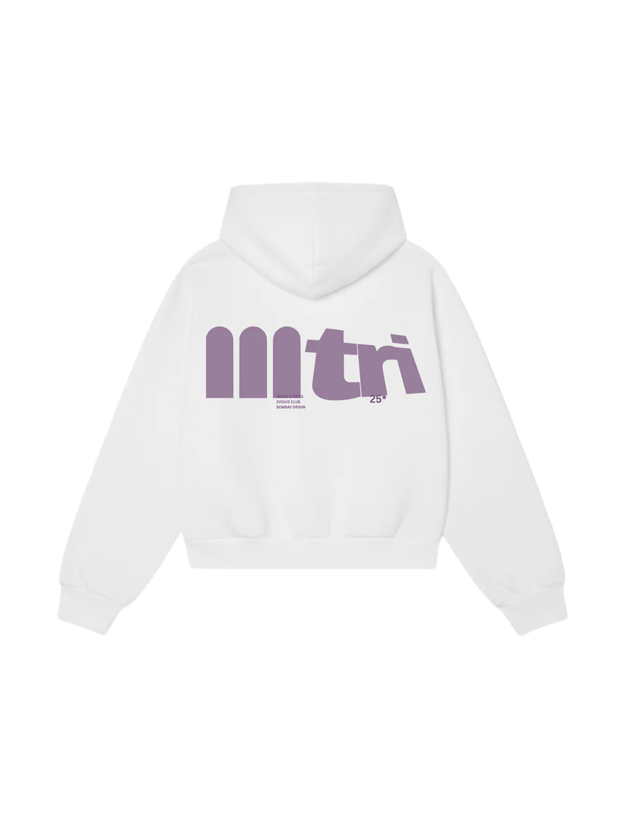 White hoodie with front hood and large purple logo graphic