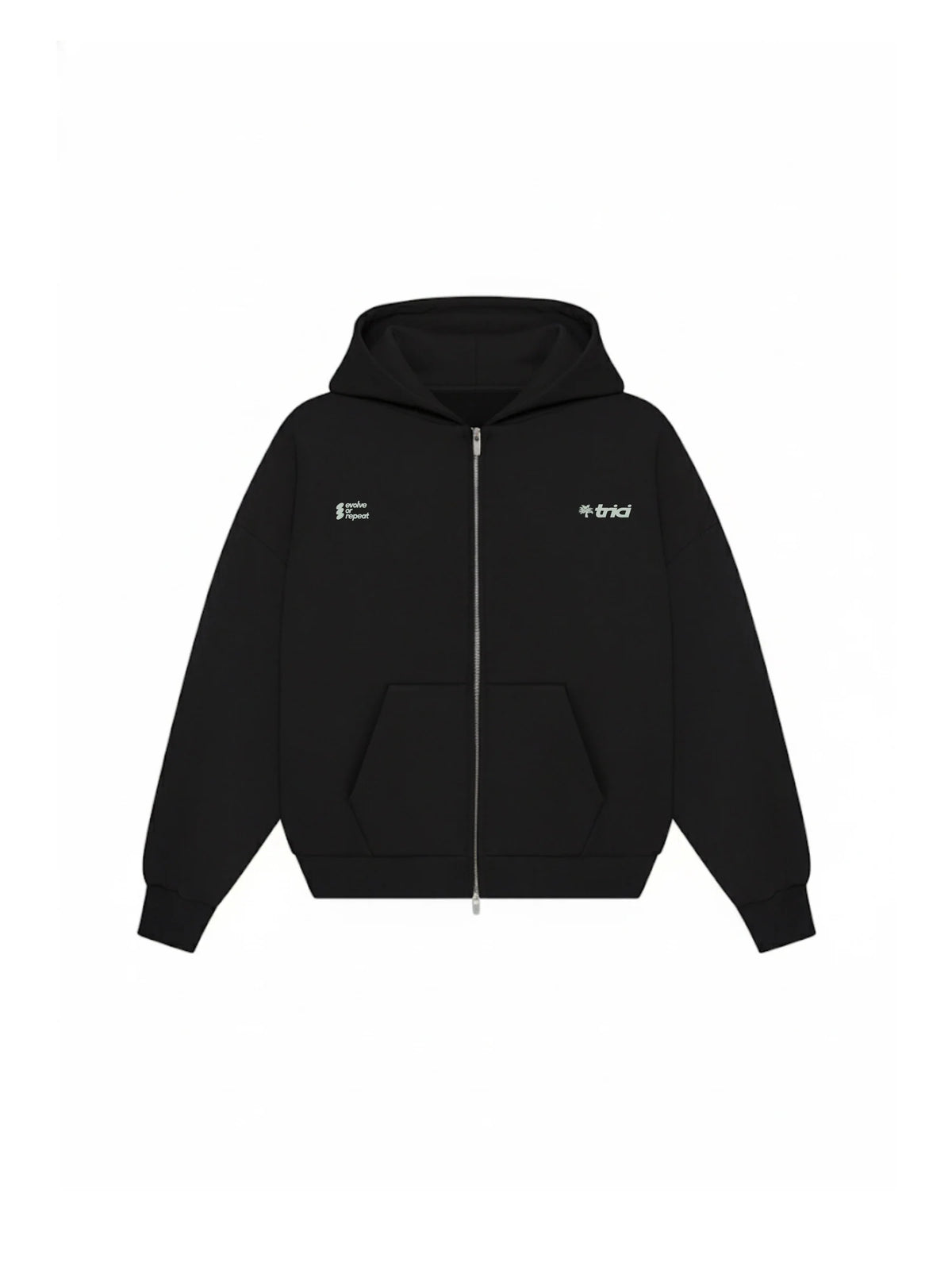 Black zip-up hoodie with full front zipper, hood, and chest logo