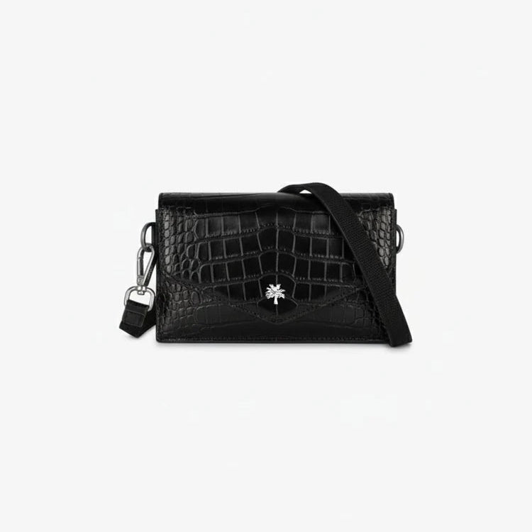 Black croc-embossed leather crossbody bag with front star emblem and flap clasp.