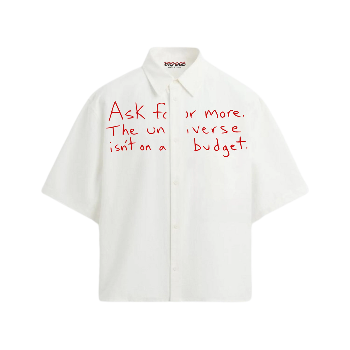 White boxy-fit short-sleeve shirt with red front text graphic