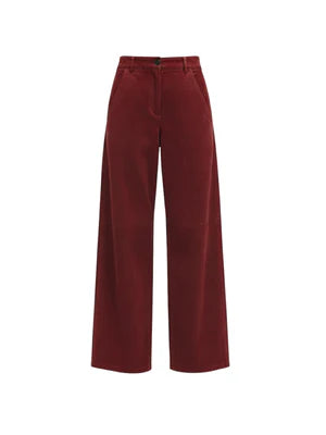 Kari suede leather pants, burgundy wide-leg trousers with button waistband and seam detailing