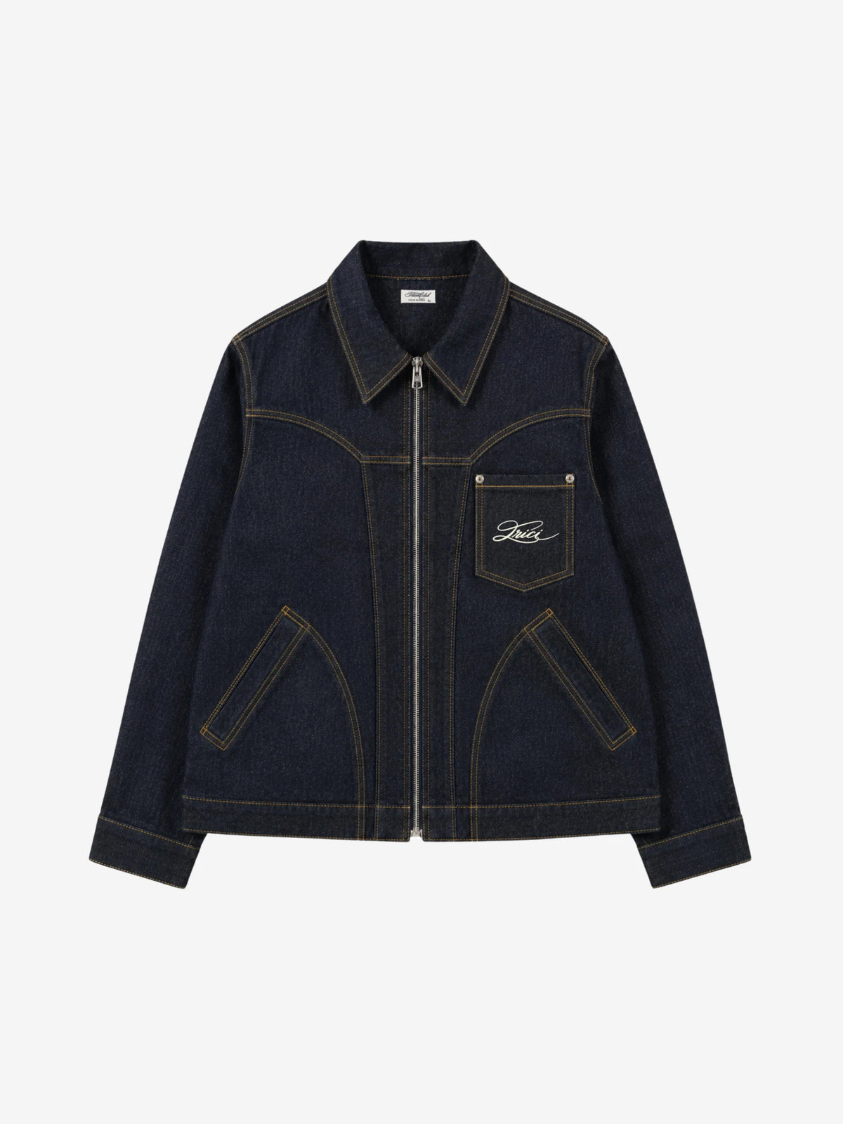 Indigo denim jacket with pointed collar, button front, and contrast topstitching