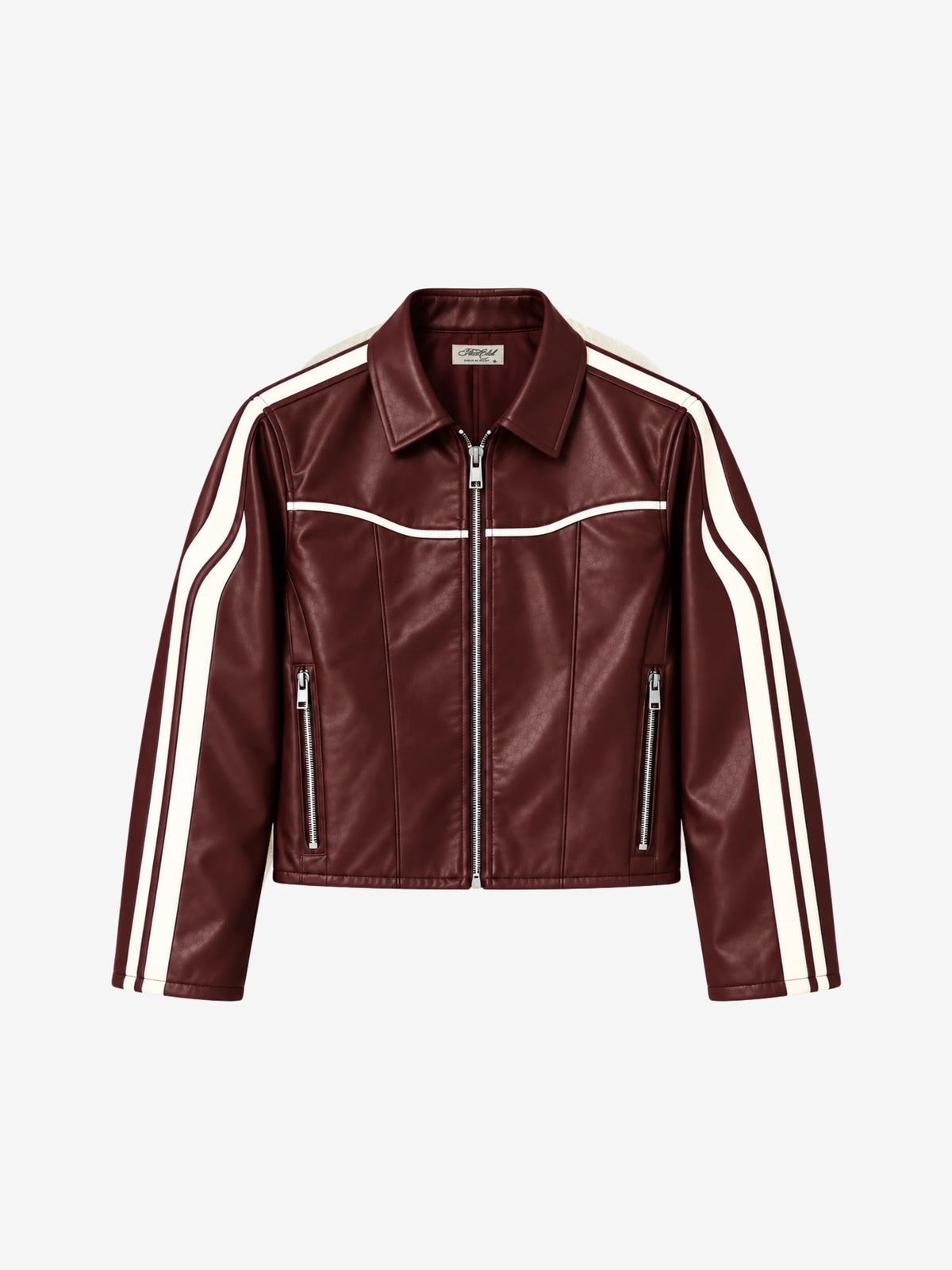 Burgundy leather zip-up jacket with white chest stripe and sleeve stripes