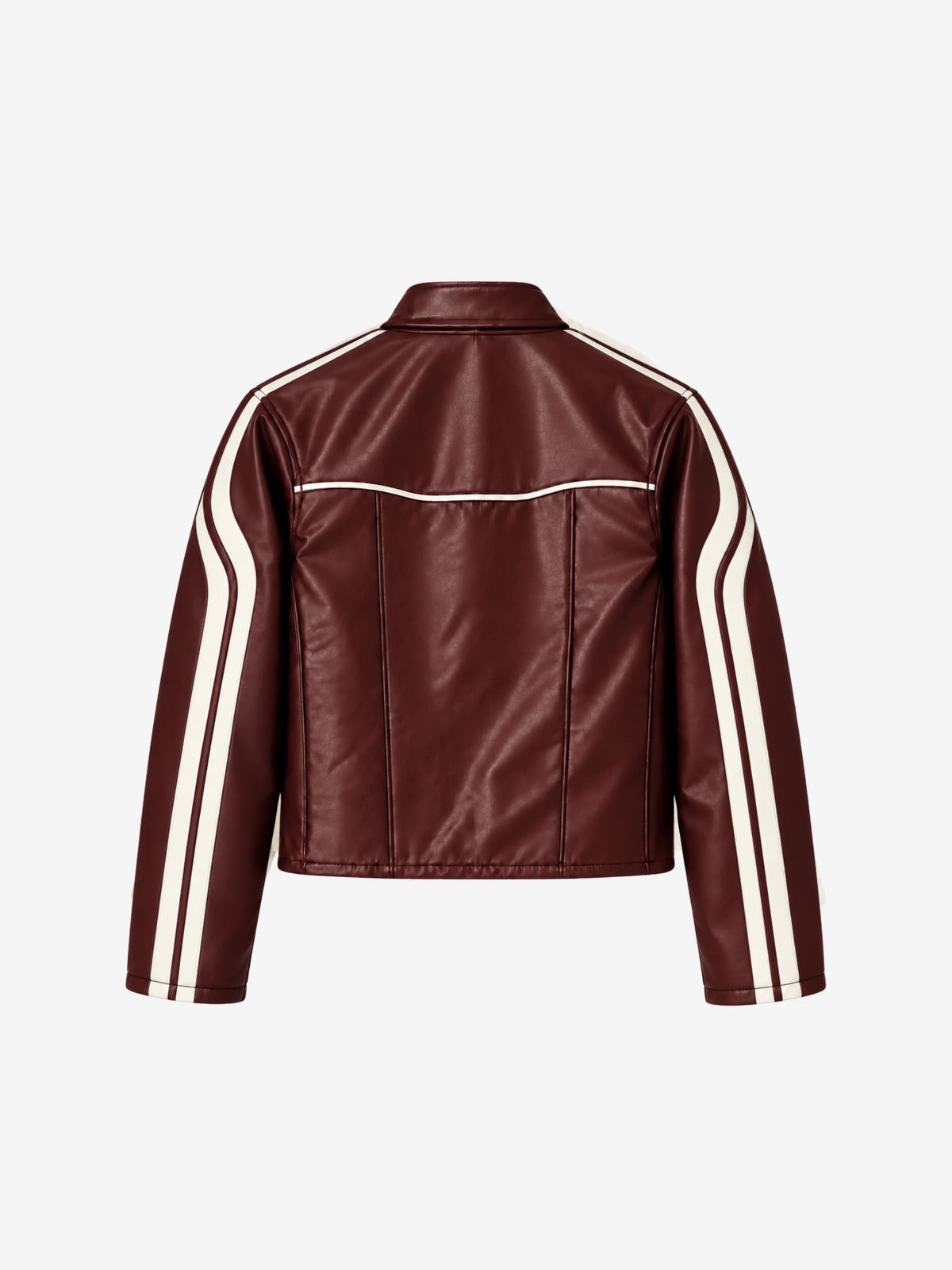 Burgundy leather jacket with white sleeve stripe and stand collar