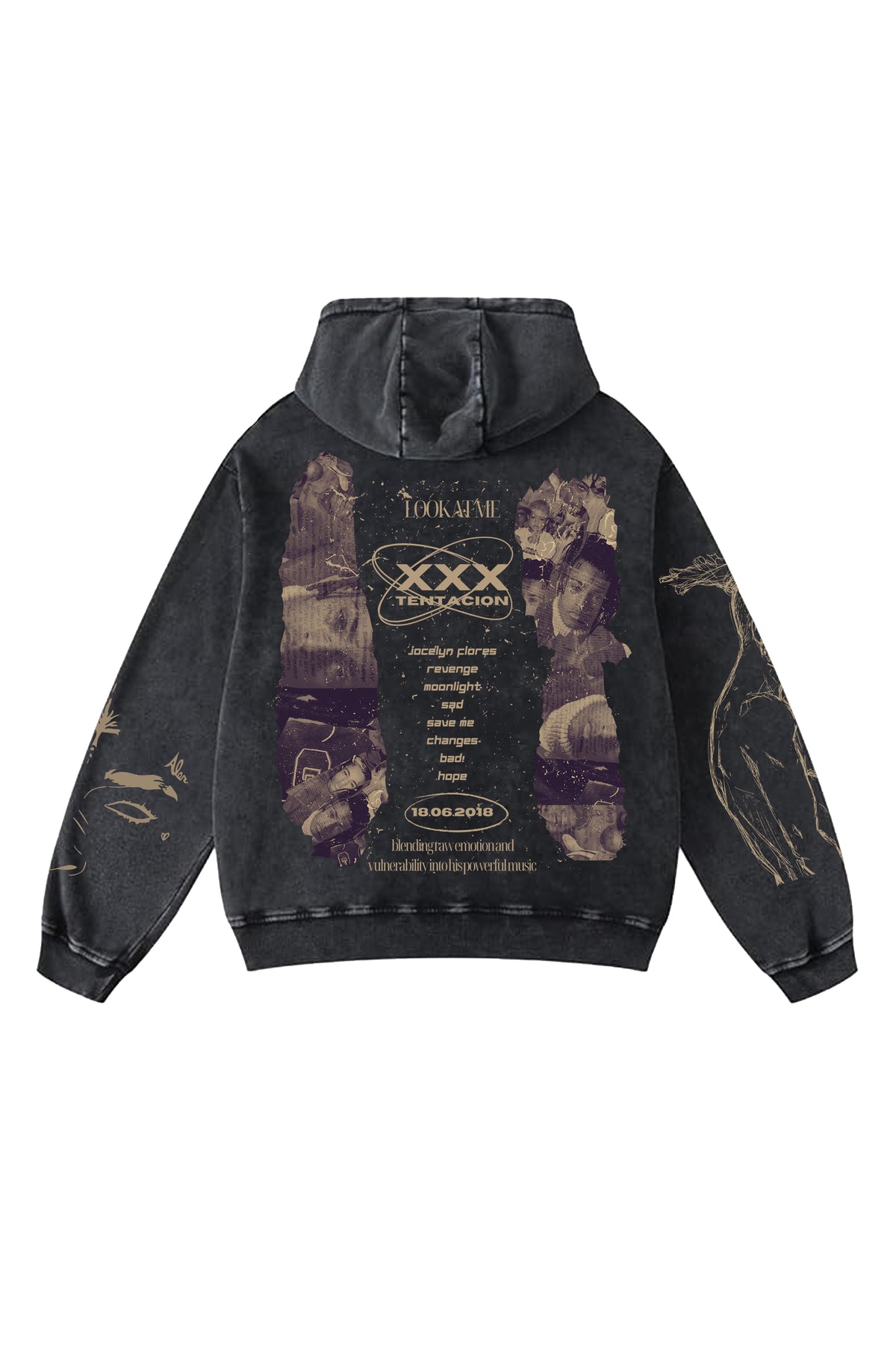 Oversized dark hoodie with collage-style front graphic, hood, and kangaroo pocket