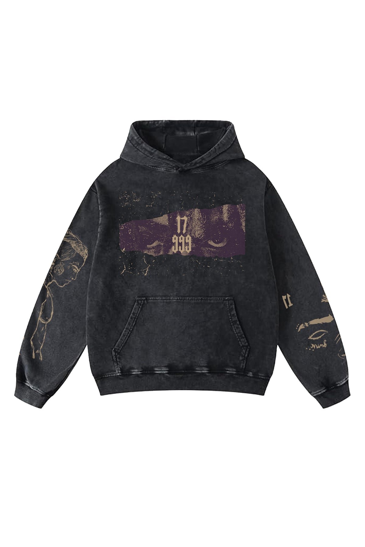 Oversized black hoodie with front rectangular graphic and kangaroo pocket