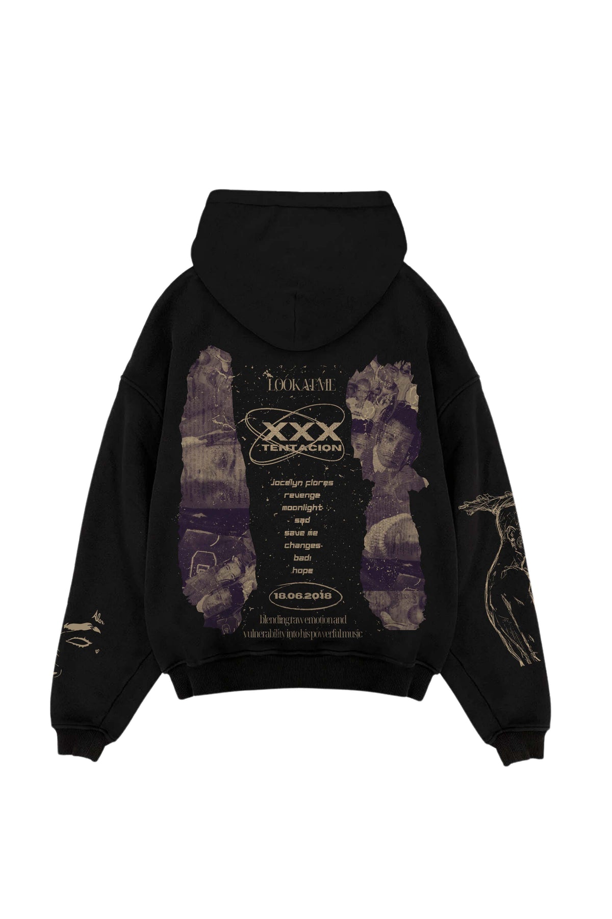 Black oversized pullover hoodie with large center graphic and gold sleeve artwork