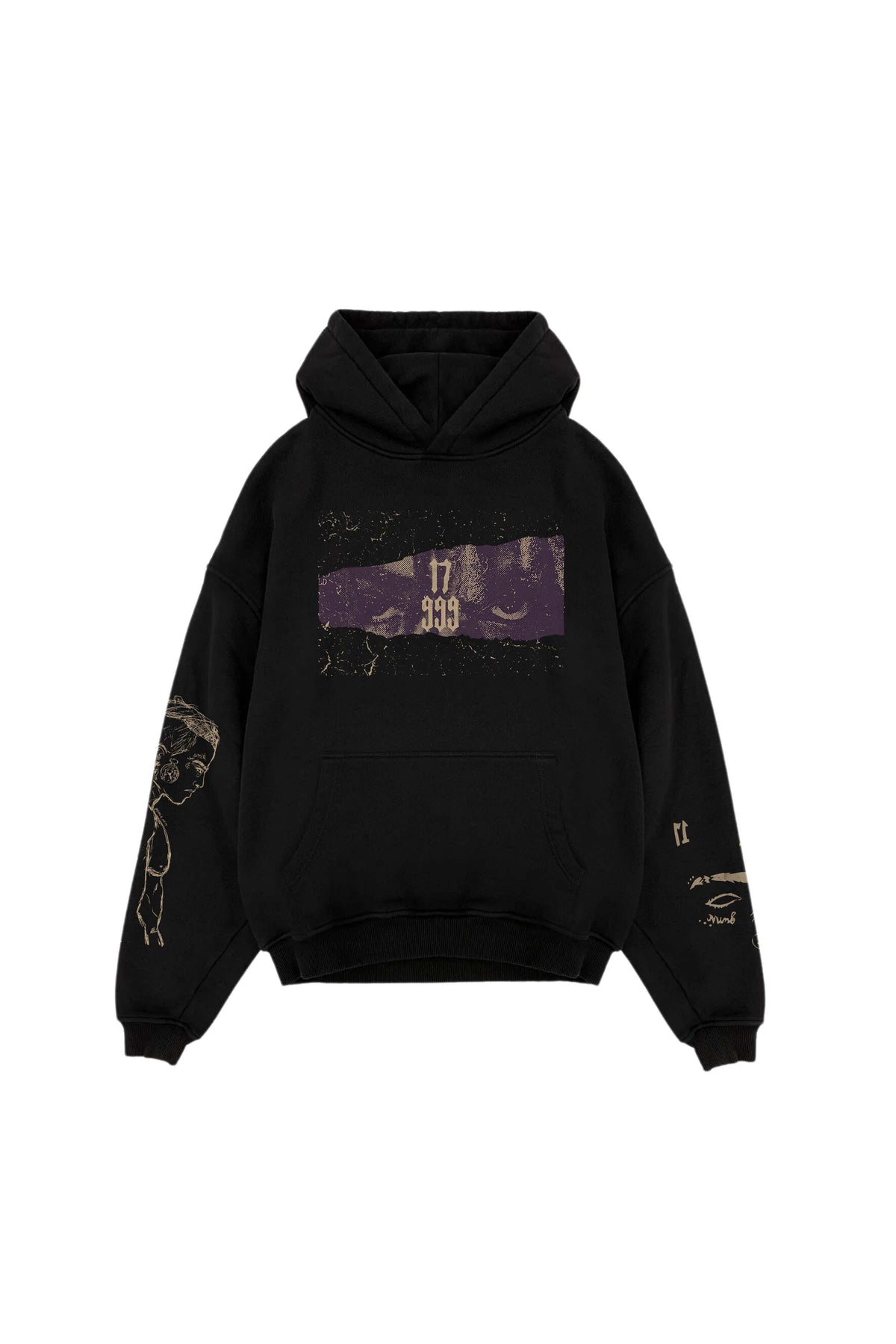Black oversized pullover hoodie with front graphic panel and gold sleeve print
