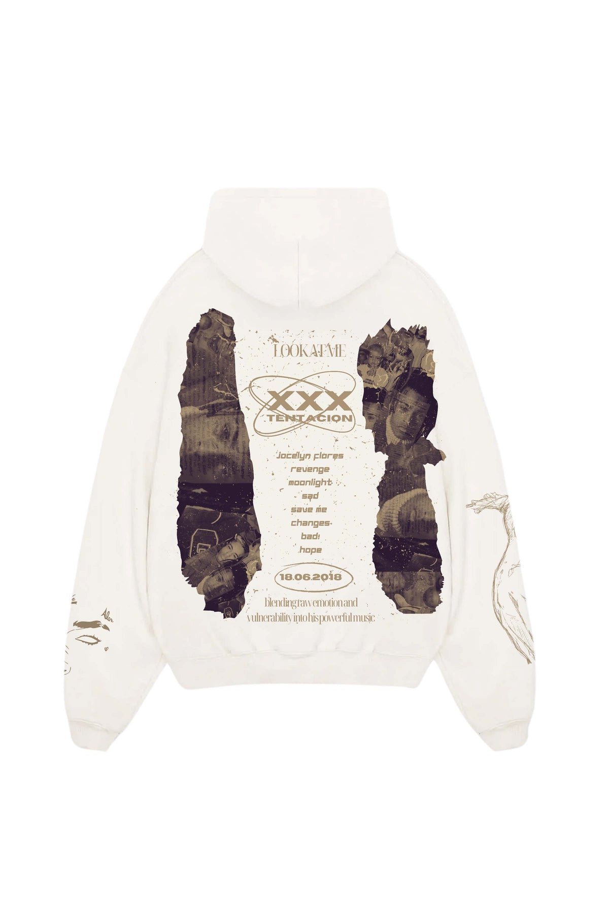 White oversized hoodie with large back portrait and text graphic