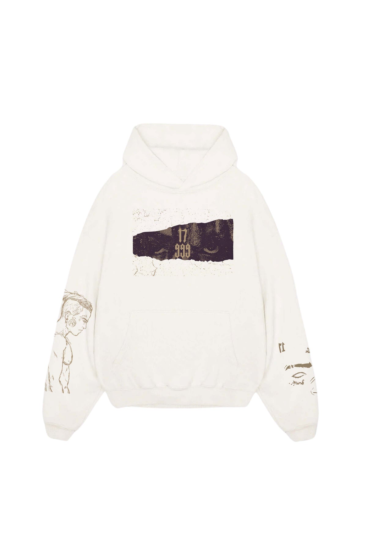 White oversized hoodie with front graphic print and kangaroo pocket