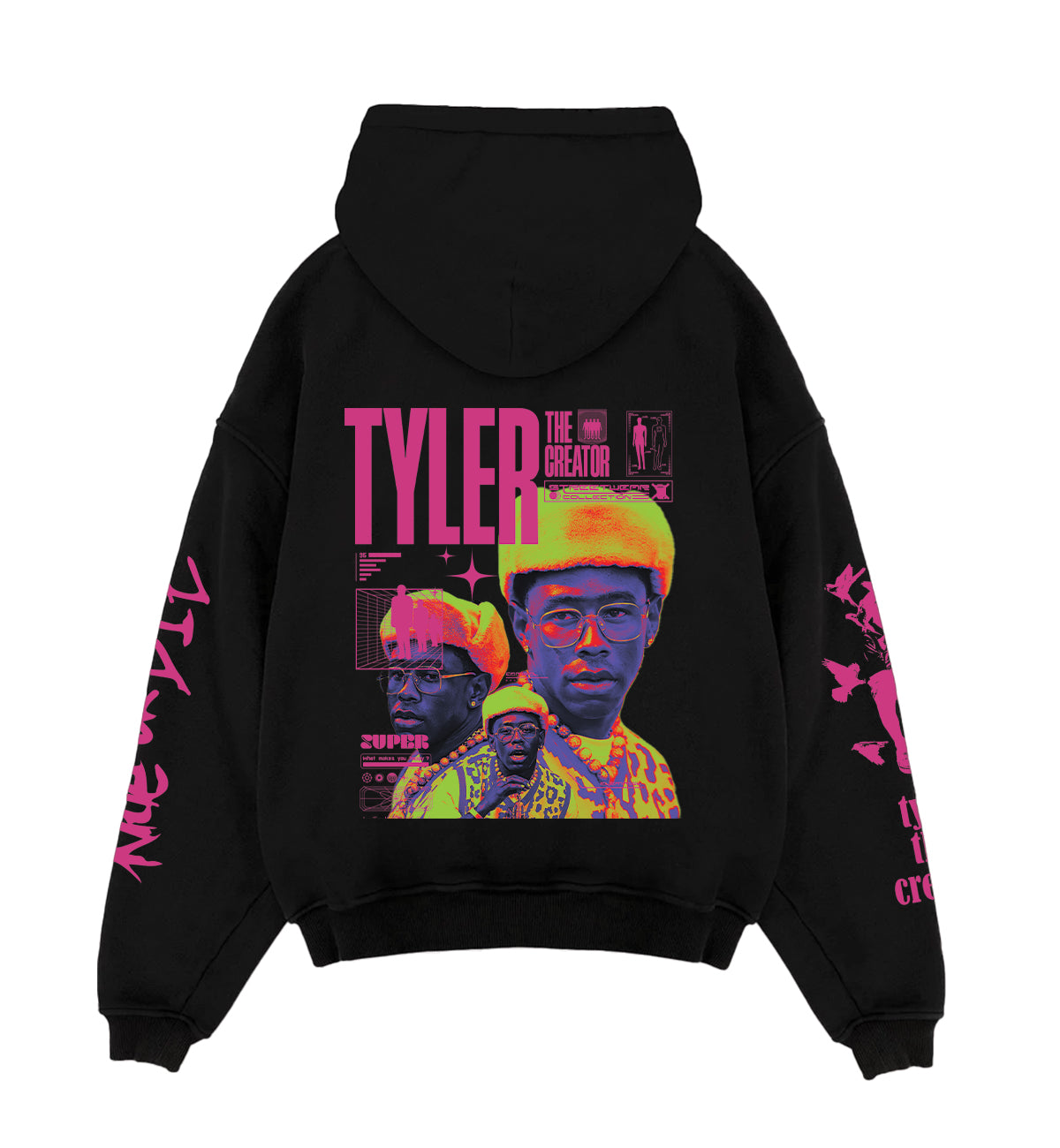 Black oversized hoodie with front graphic and pink sleeve print, kangaroo pocket