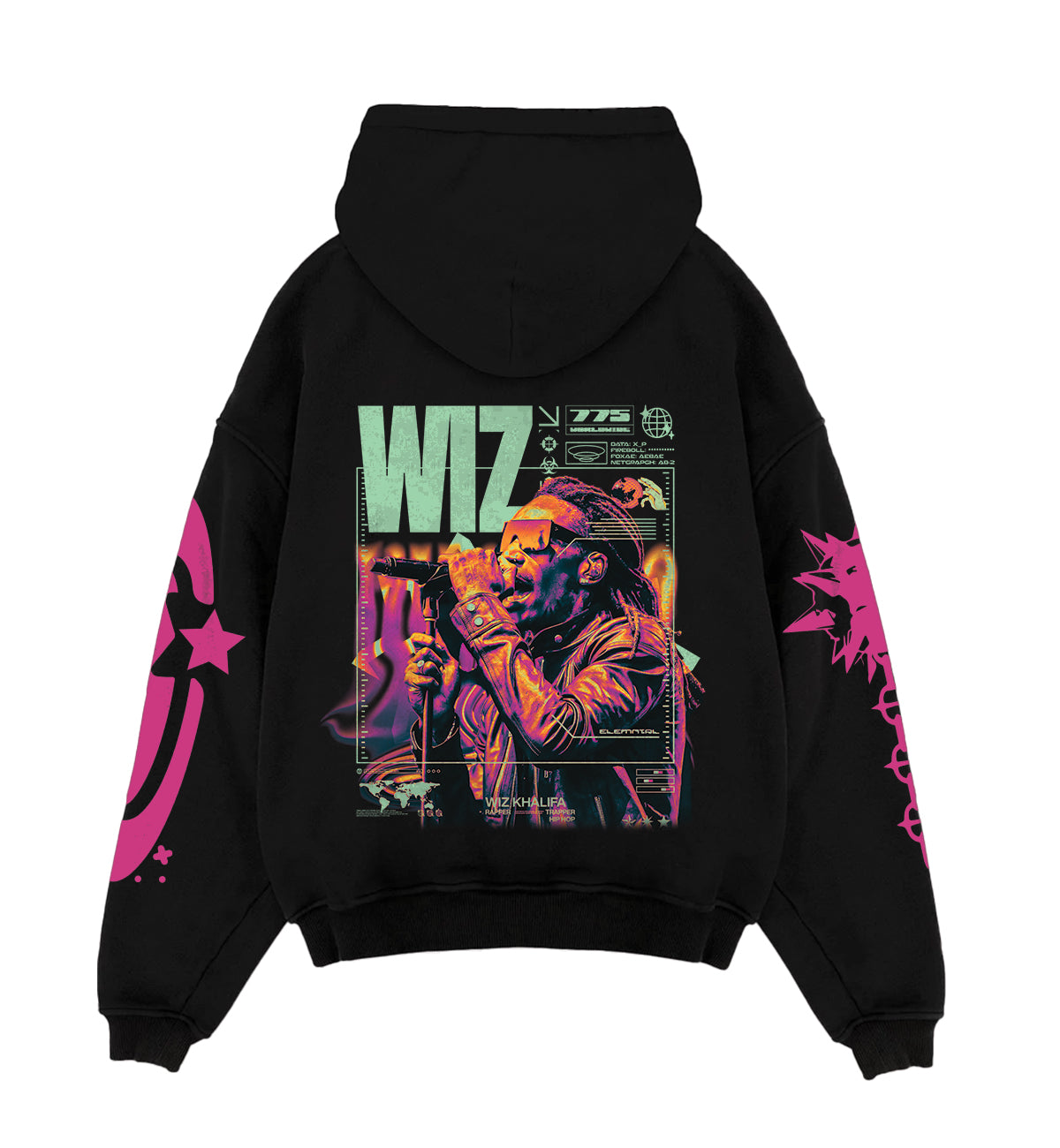 Oversized black hoodie with large square music-art graphic and pink star sleeve prints