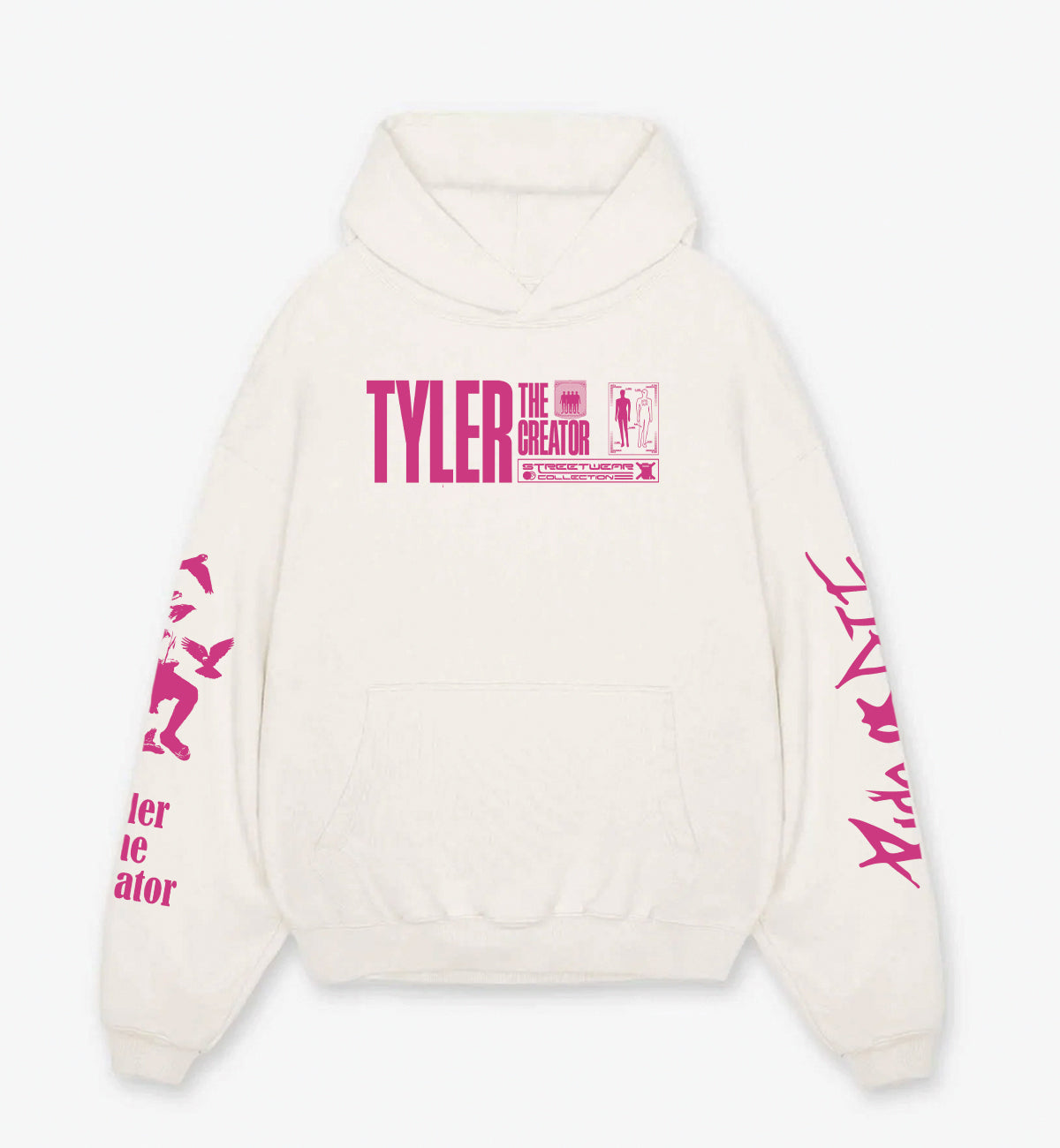 White oversized hoodie, front pocket and hood with pink TYLER THE CREATOR logo; sleeve print