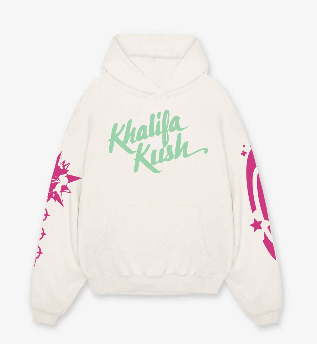 White oversized hoodie with "Khalifa Krush" graphic, front pocket, pink star sleeve prints.