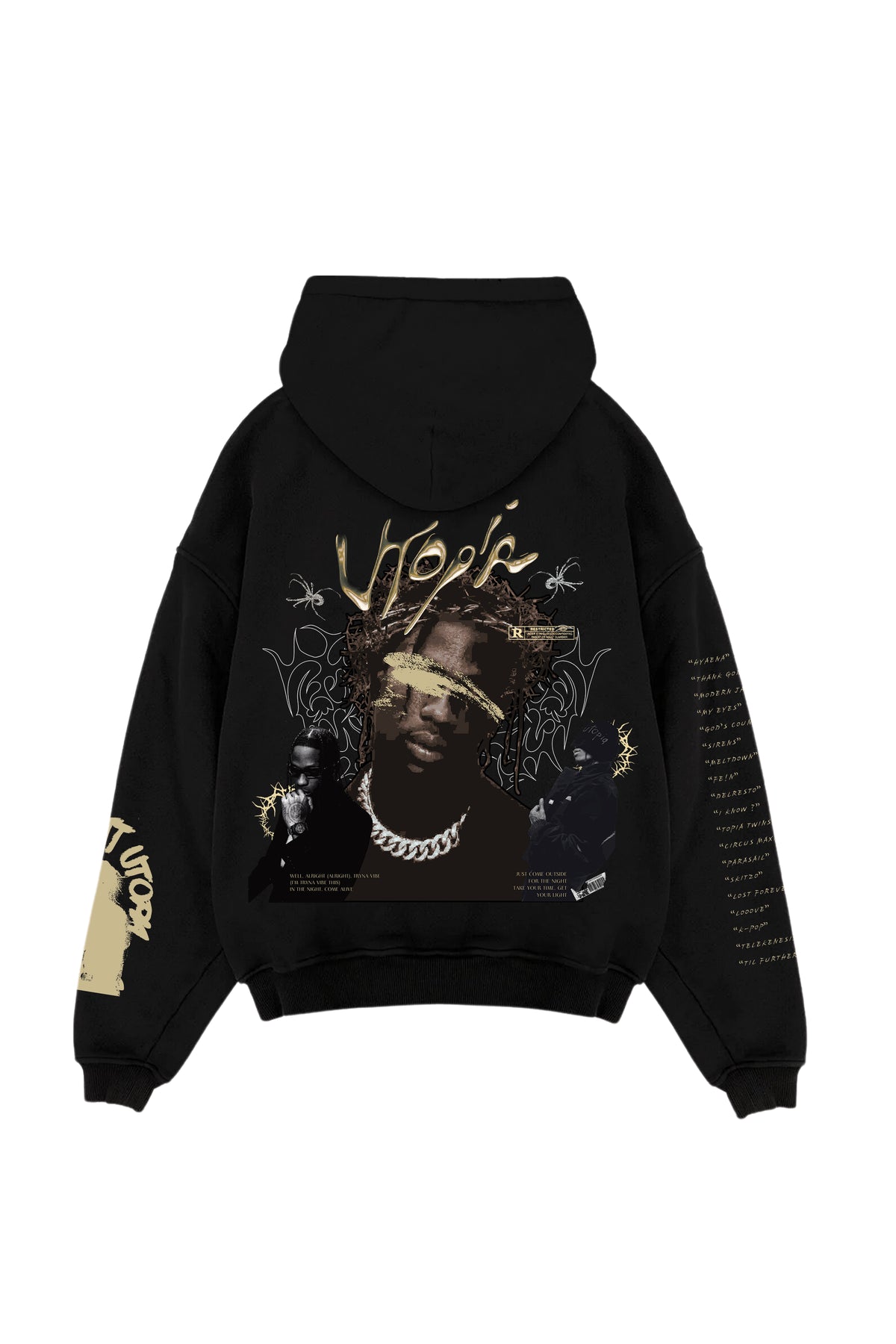 Black pullover hoodie with large front portrait graphic and gold accents