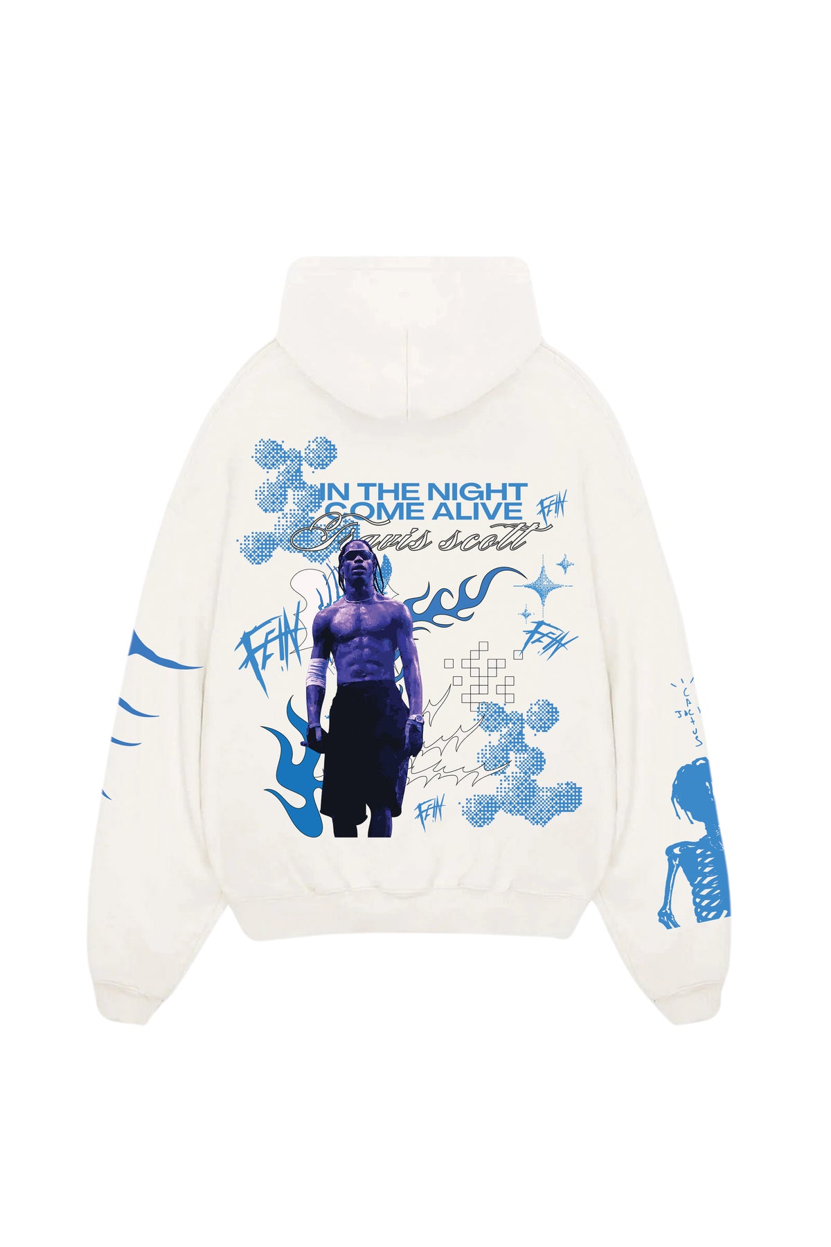 Oversized white hoodie with blue back graphic, pullover hood and long sleeves