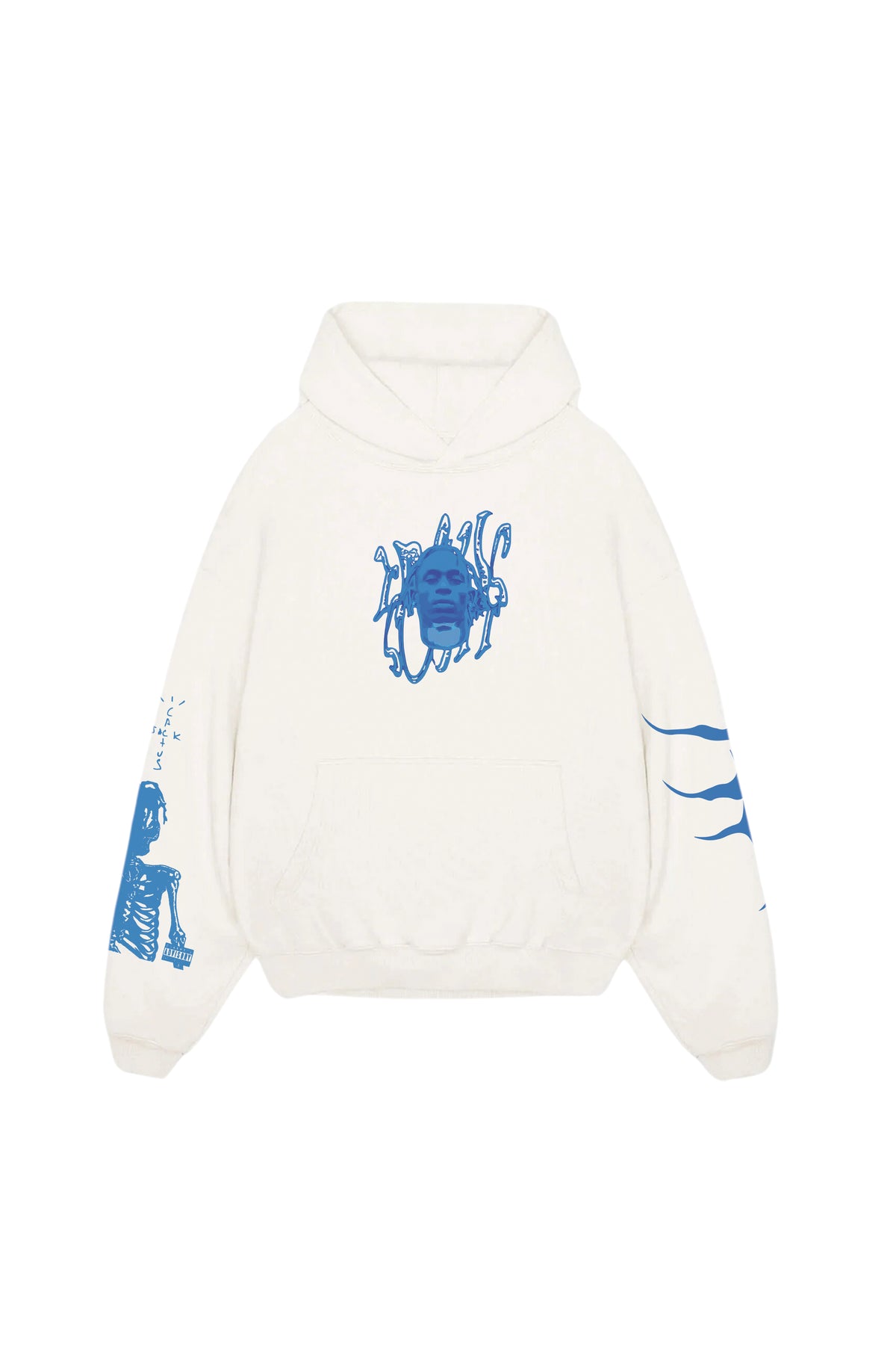 Oversized white hoodie with blue chest graphic and logo accents, pullover hood