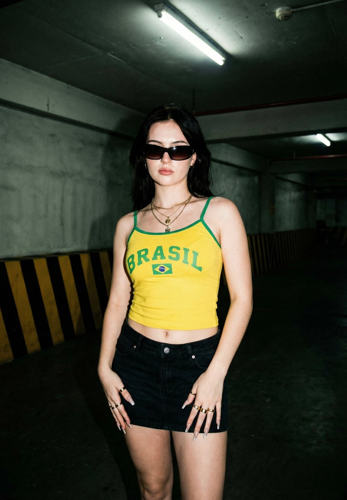 Yellow spaghetti-strap tank top with green edge and Brasil logo on chest