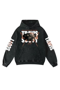Oversized vintage-wash hoodie in dark, with large Travis Scott front graphic