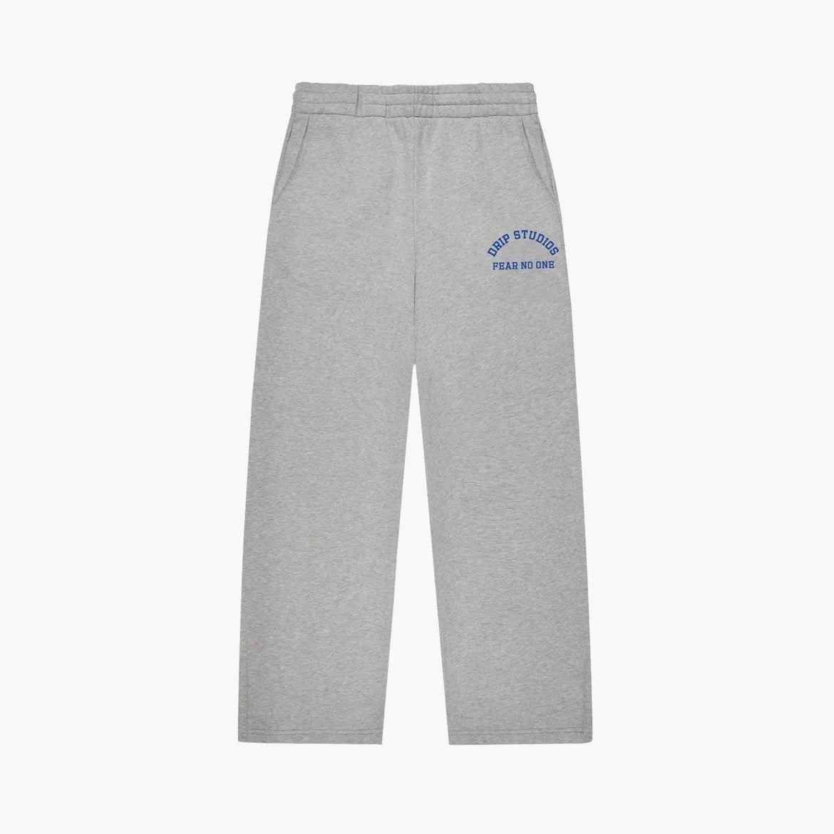 Grey sweatpants with Fear No One logo on left thigh