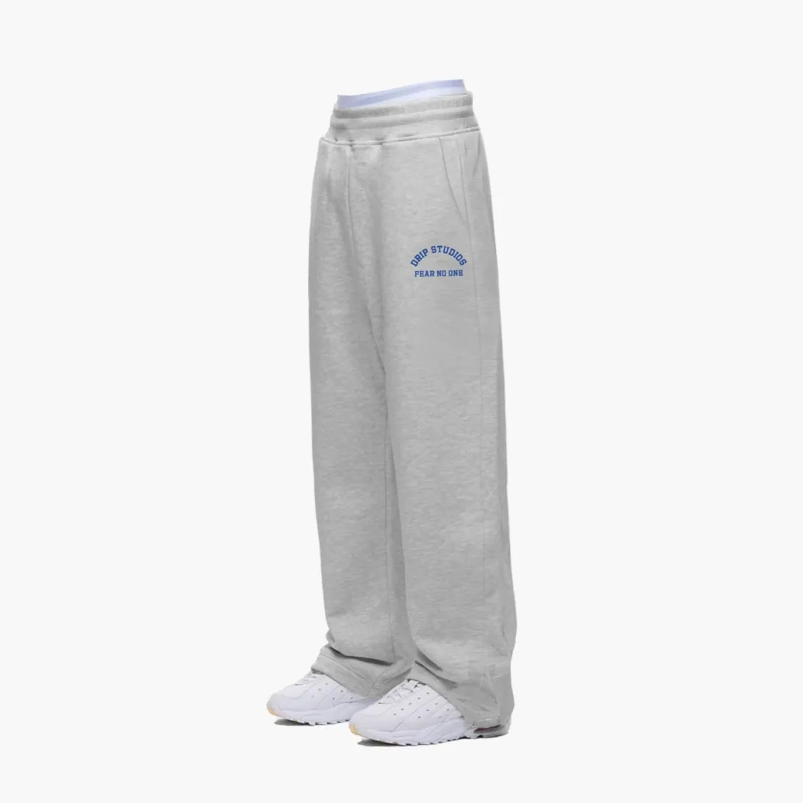 Light gray sweatpants with embroidered Fear No One logo, elastic waistband
