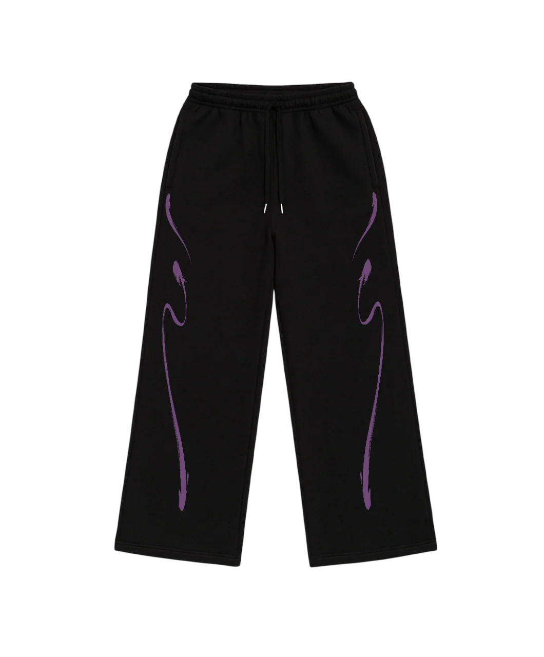Black sweatpants with elastic waist, drawstring, and purple ink drip graphic on legs