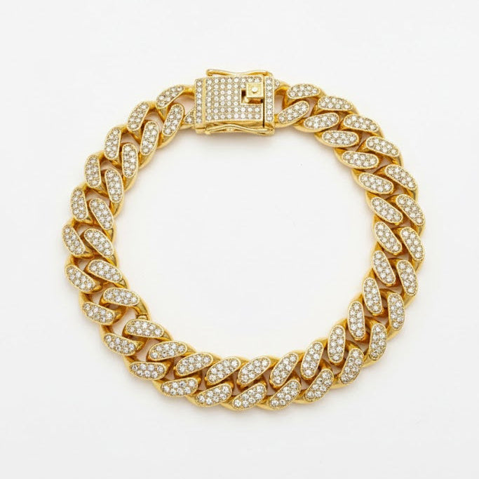 Gold iced Cuban link bracelet with clear stones and box clasp