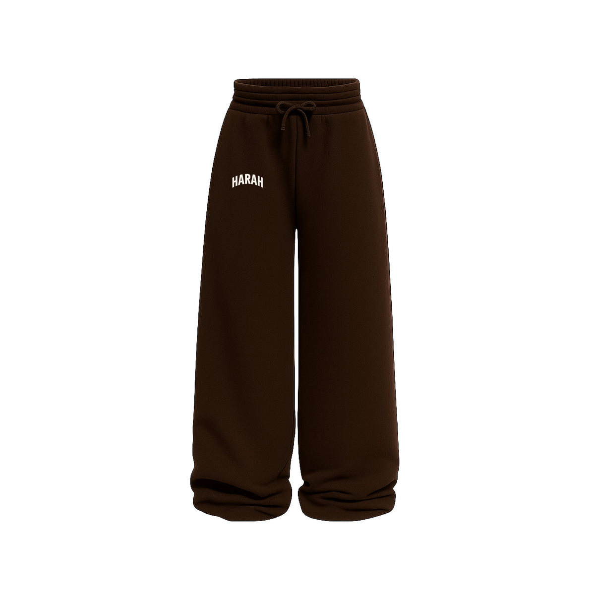 Dark brown HARAH sweatpants with elastic waistband and drawstring, relaxed straight legs
