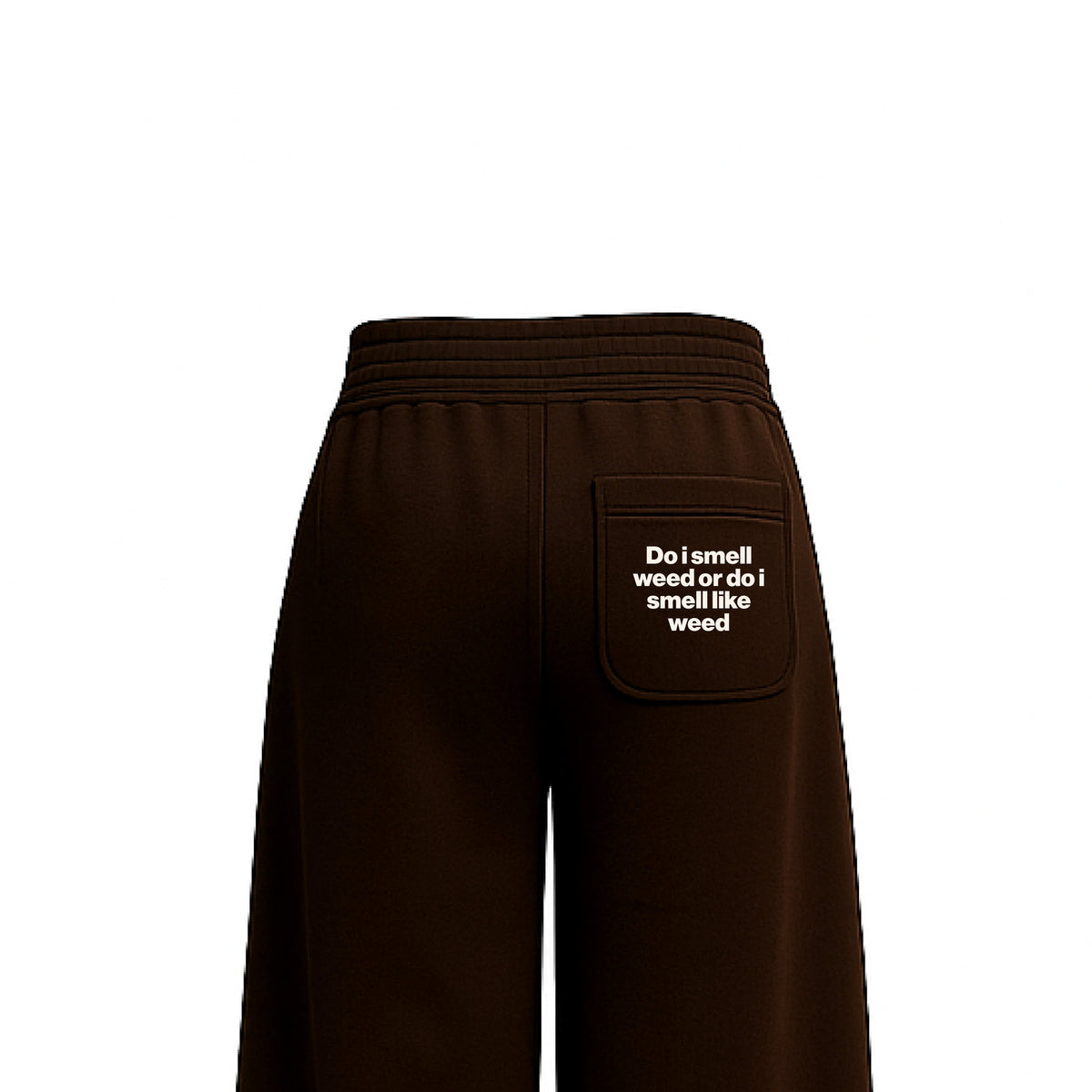 Brown sweatpants close-up of front pocket with embroidered text patch