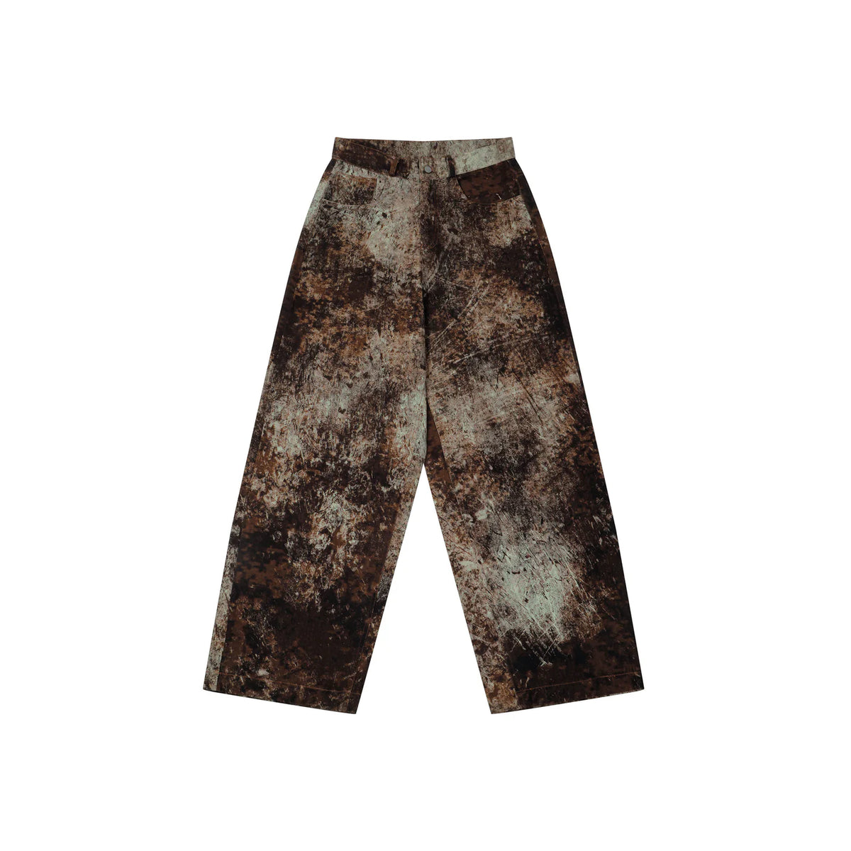 Baggy pants with brown and light-gray distressed abstract print, wide leg silhouette