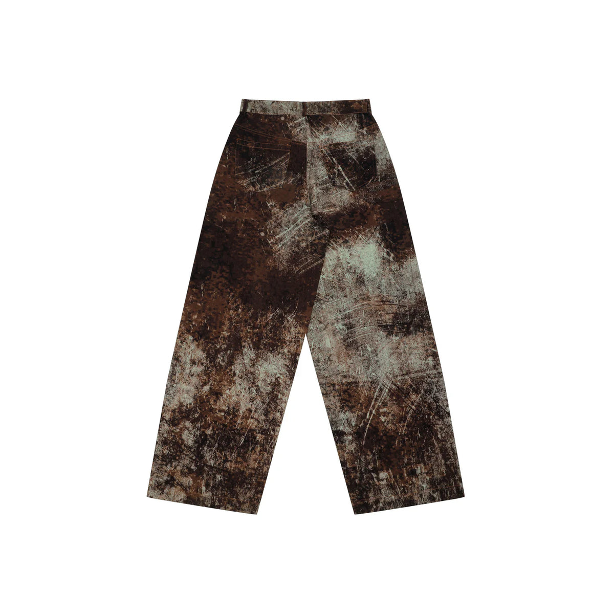 Baggy pants with rust-brown and gray mottled patchwork print, wide straight legs