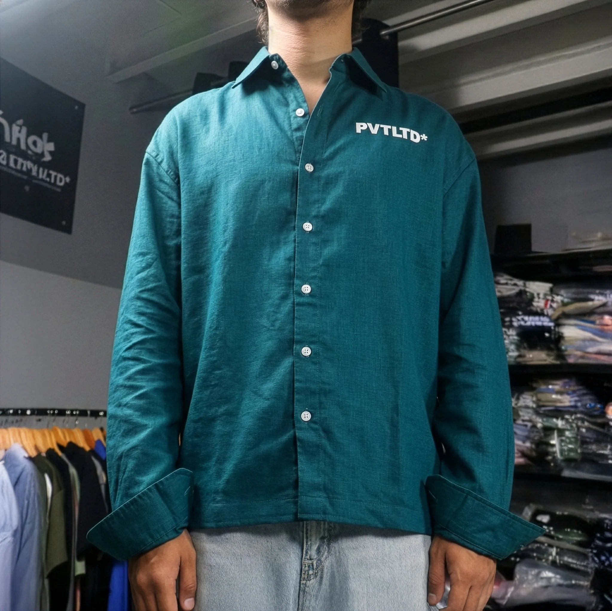 TEAL GREEN COTTON LINEN SHIRT