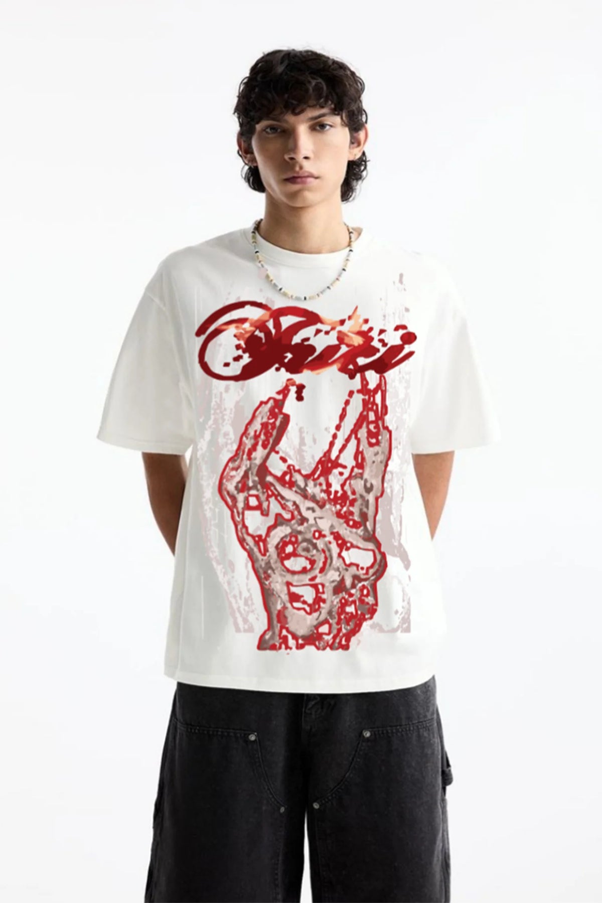 White crew-neck T-shirt with red abstract ink face graphic, model front view