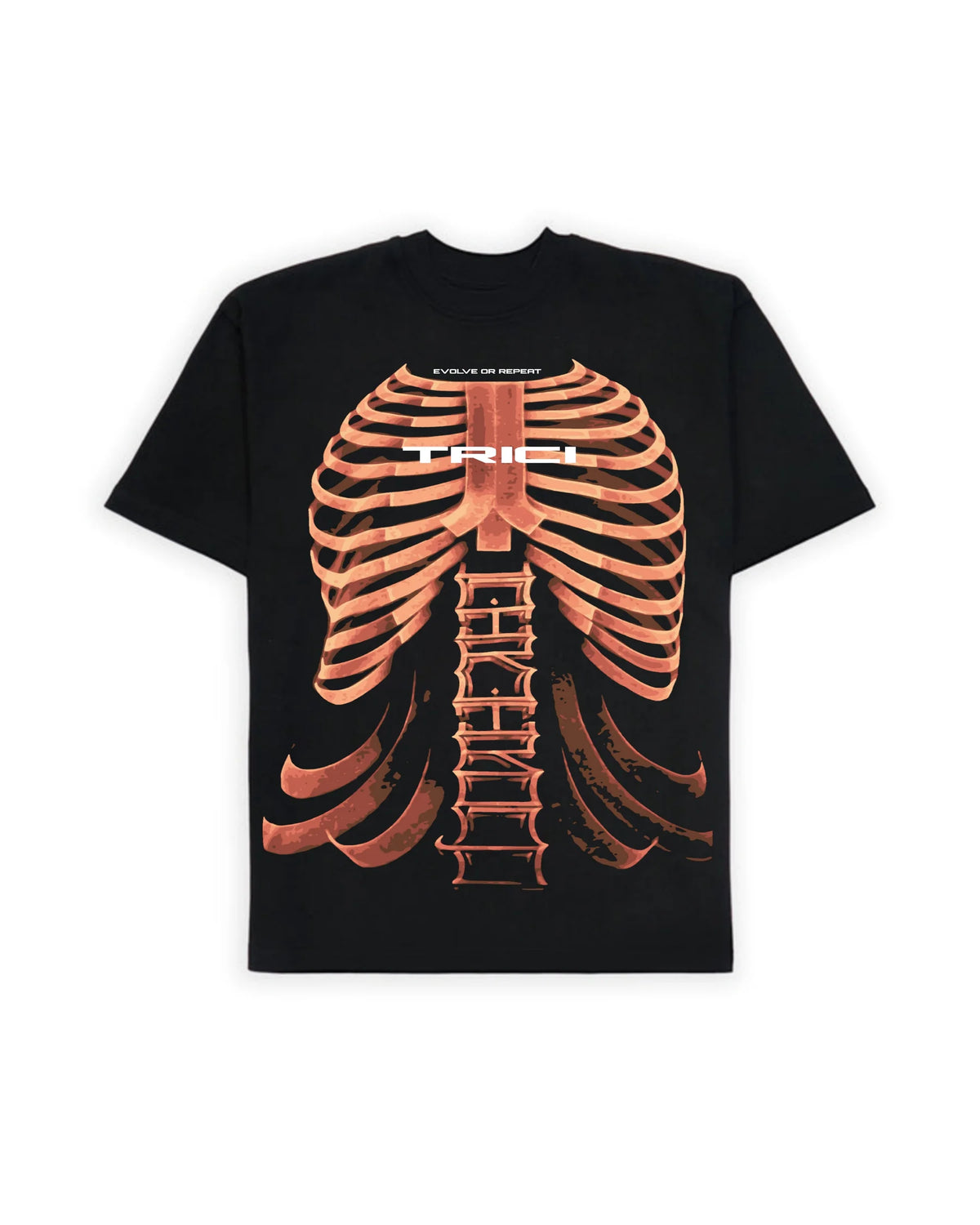 Black crew-neck graphic T-shirt with orange ribcage skeleton print